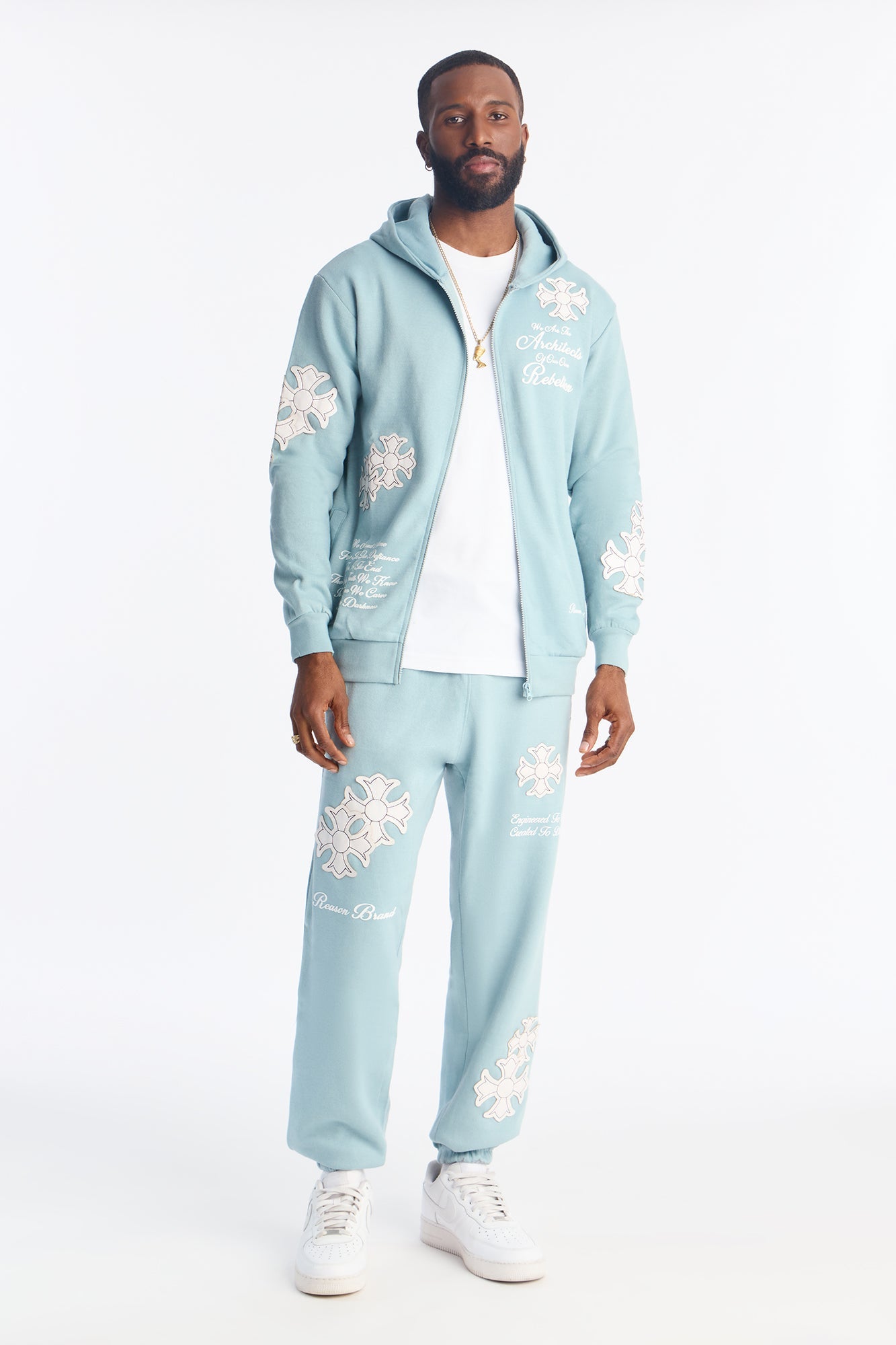 Rebellion Cross Applique Zip Up Hoodie - Light Blue - image 2