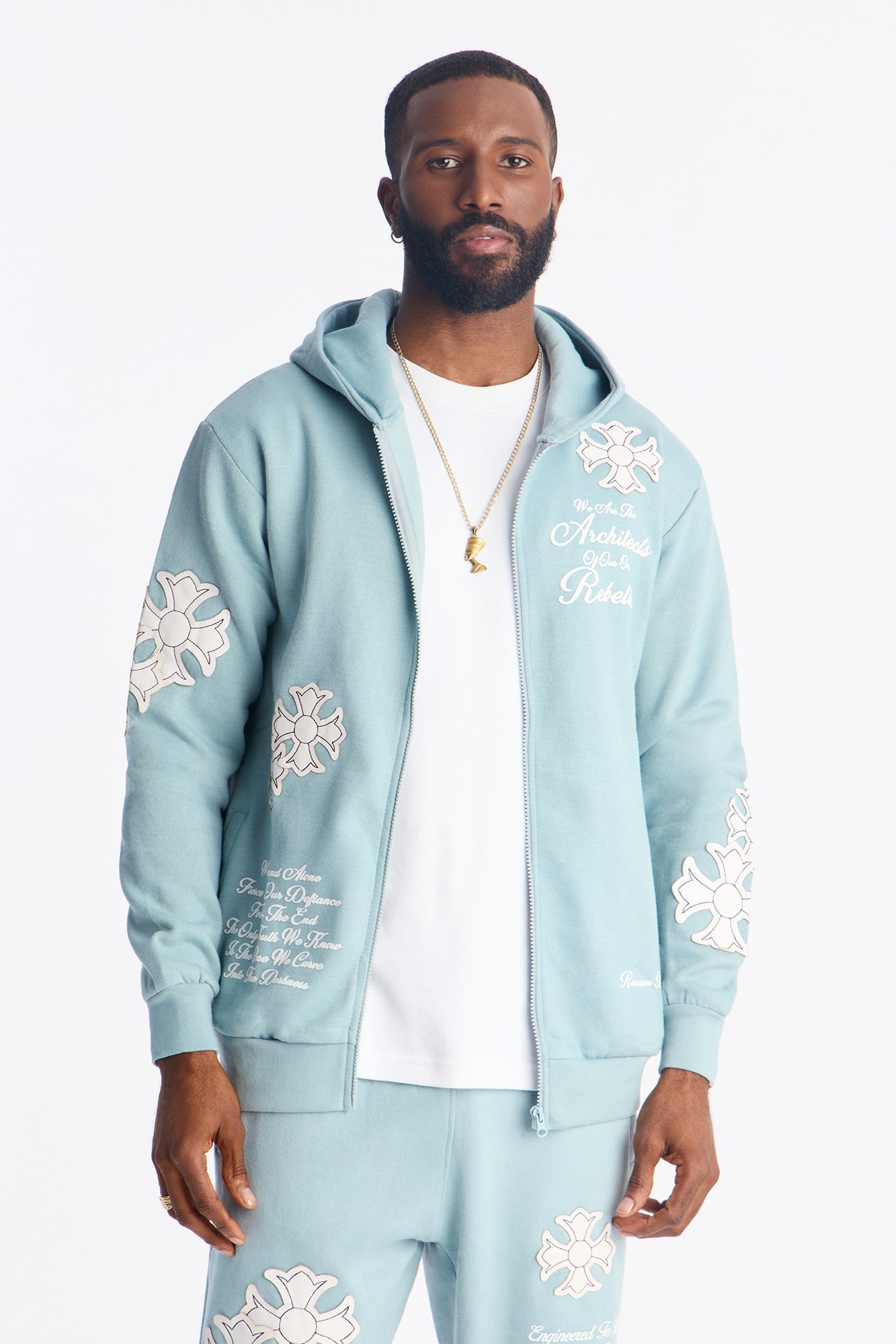 Rebellion Cross Applique Zip Up Hoodie - Light Blue - image 1