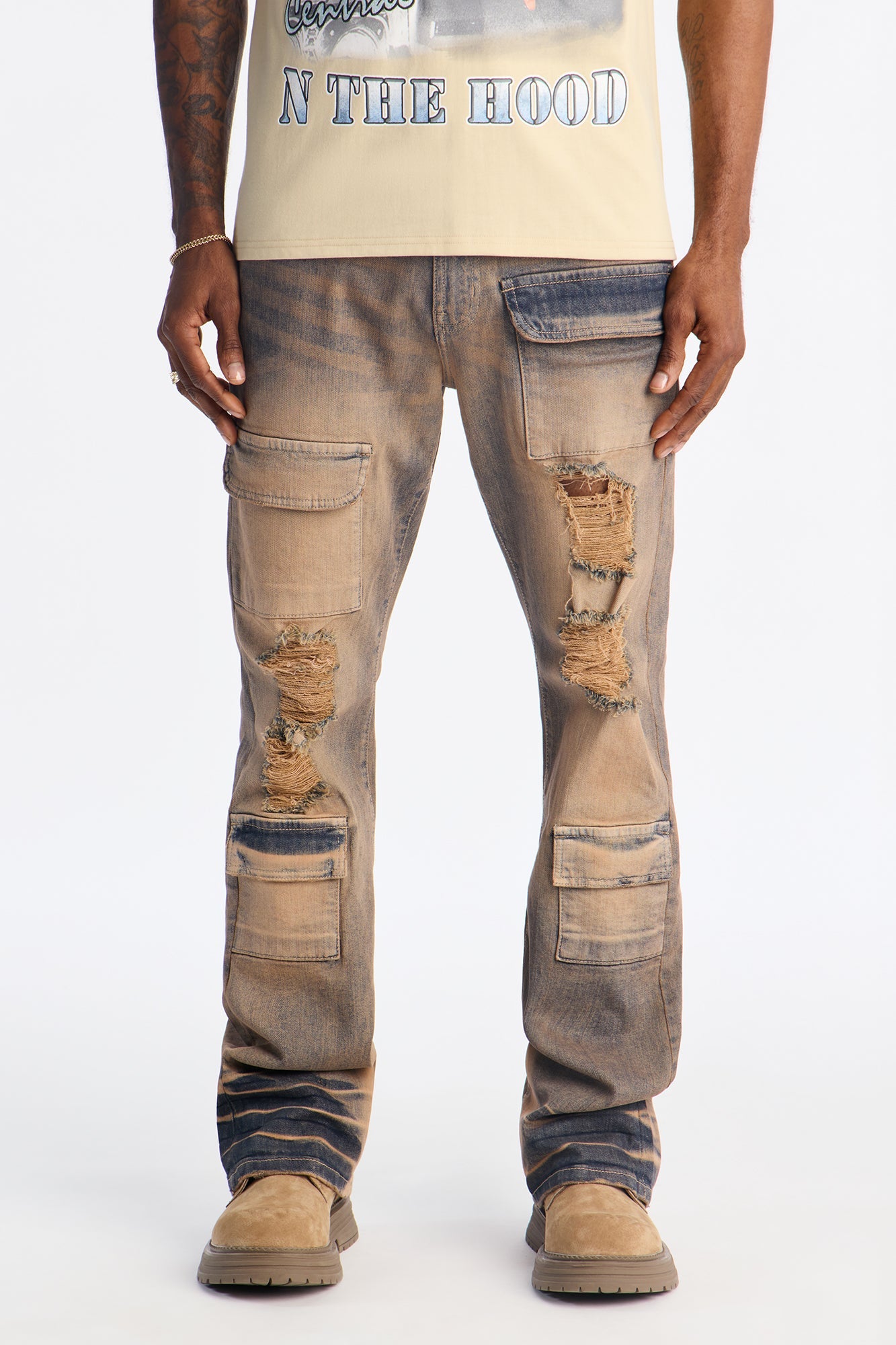 Stacked Skinny Flare No Fear Distressed Cargo Jean - Vintage Wash - image 1