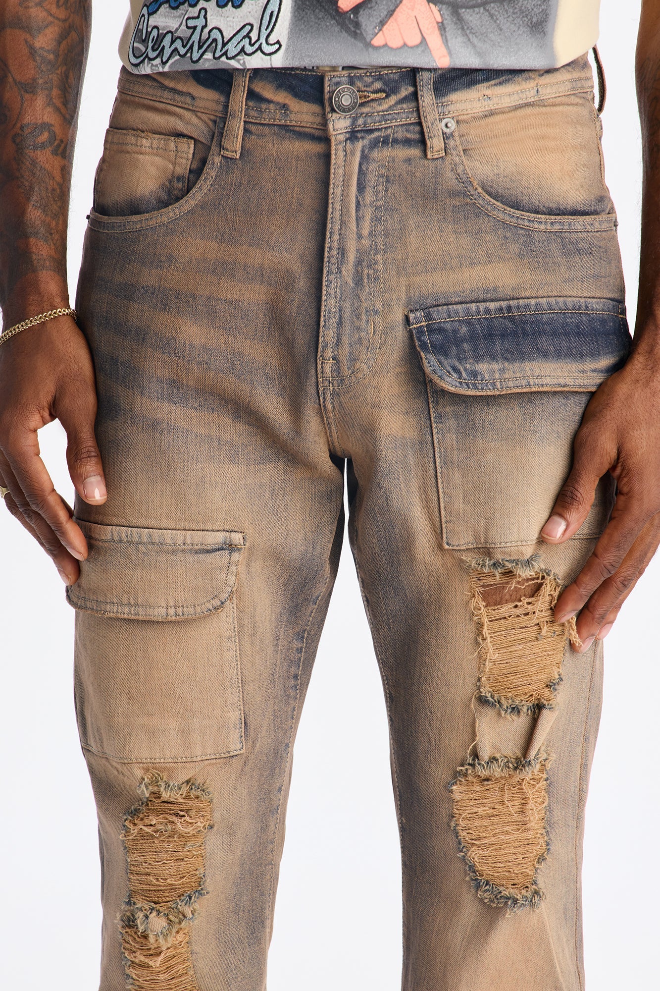 Stacked Skinny Flare No Fear Distressed Cargo Jean - Vintage Wash - image 3