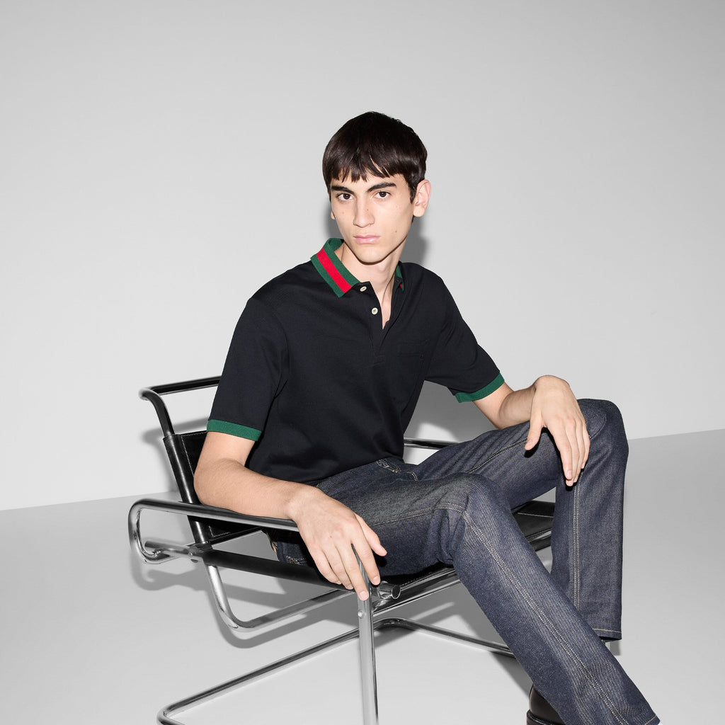 Cotton piquet polo with Web collar - black