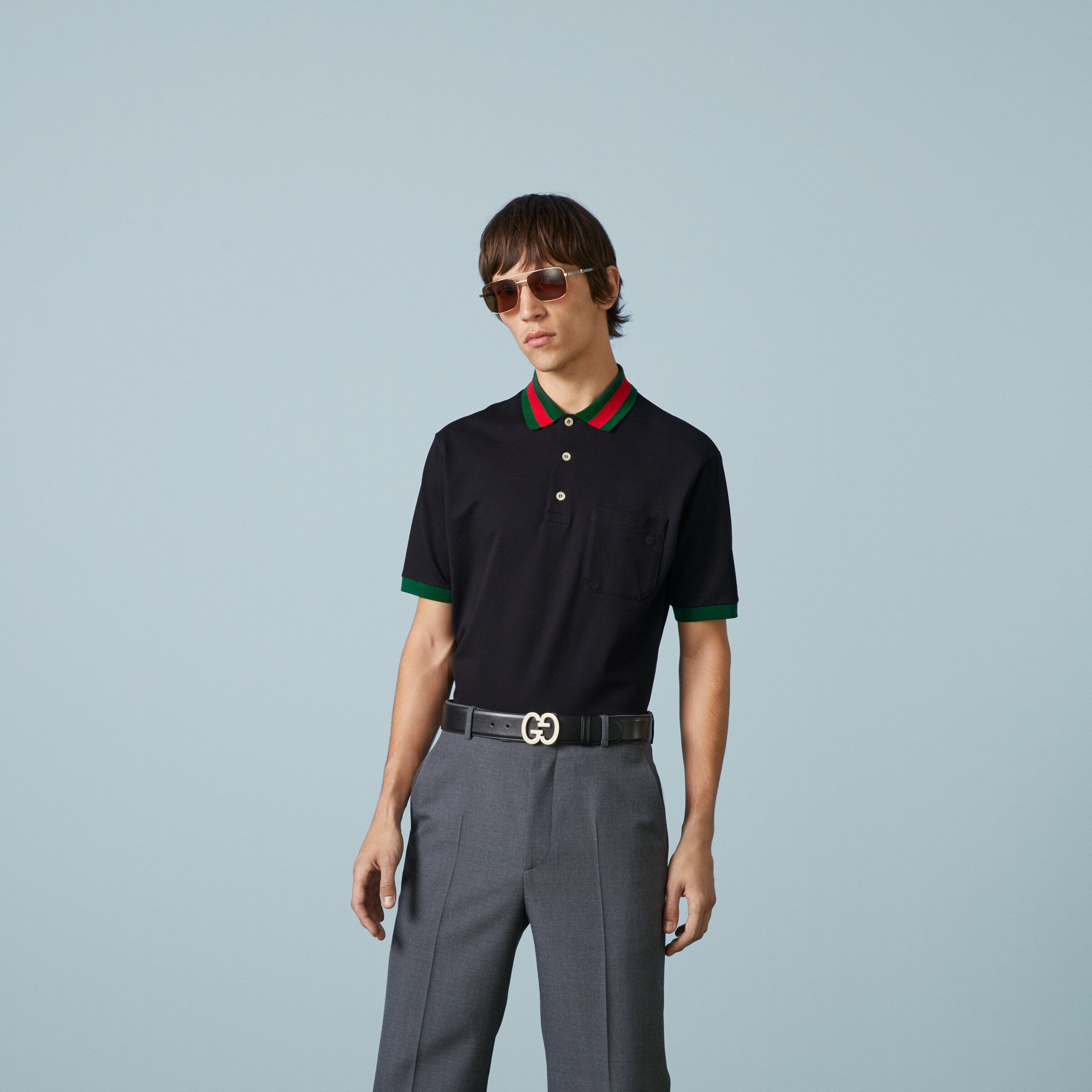 Cotton piquet polo with Web collar - black