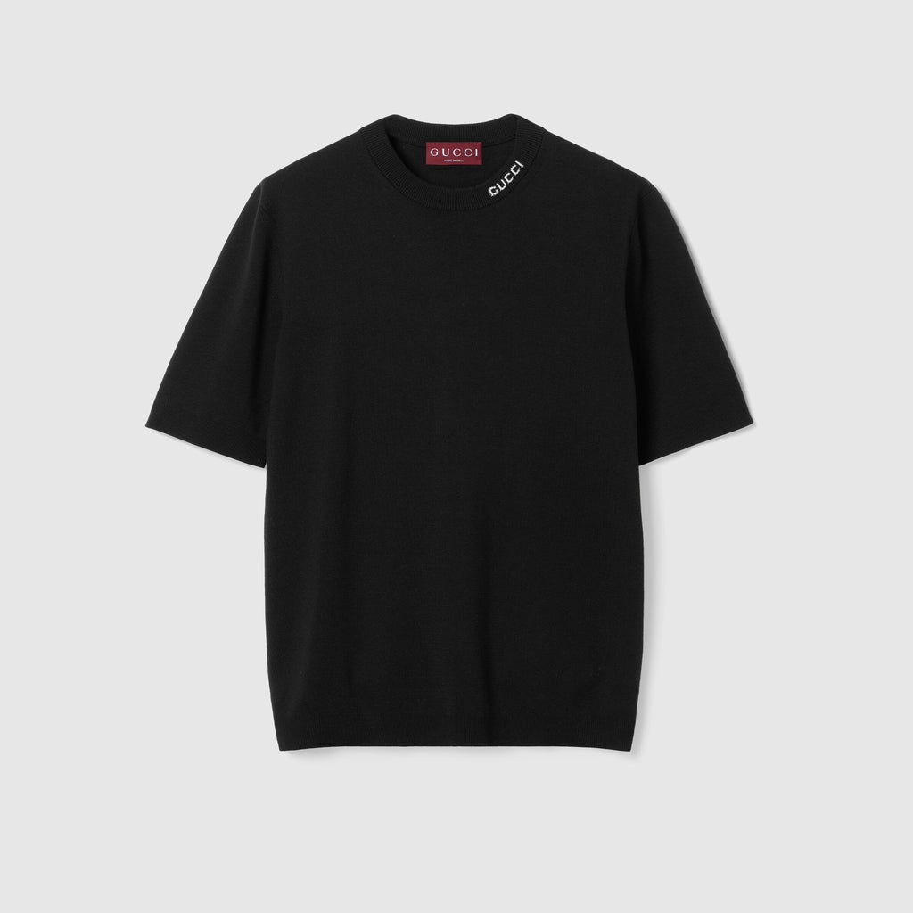 Silk cotton T-shirt with Gucci intarsia - black