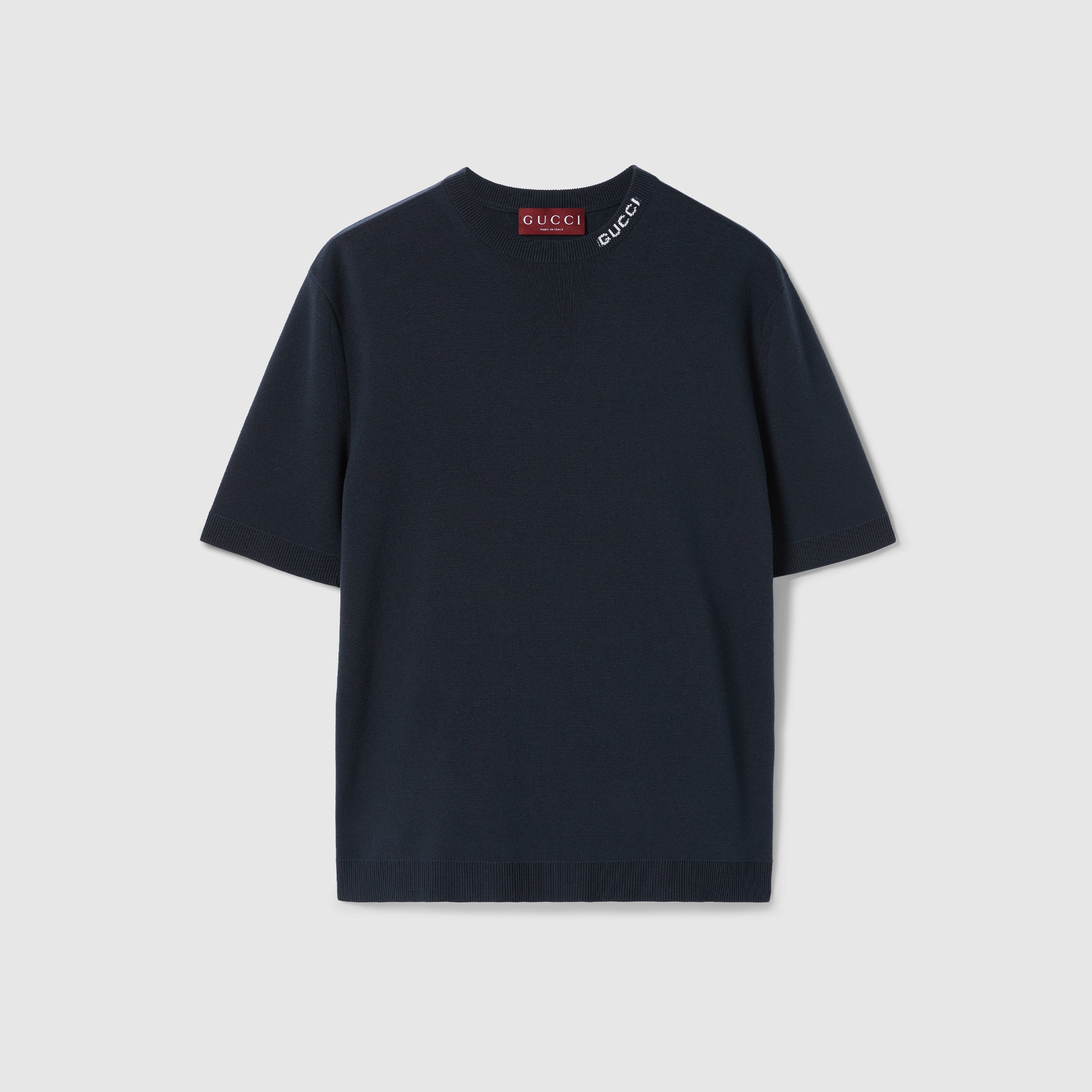 Silk cotton T-shirt with Gucci intarsia - navy