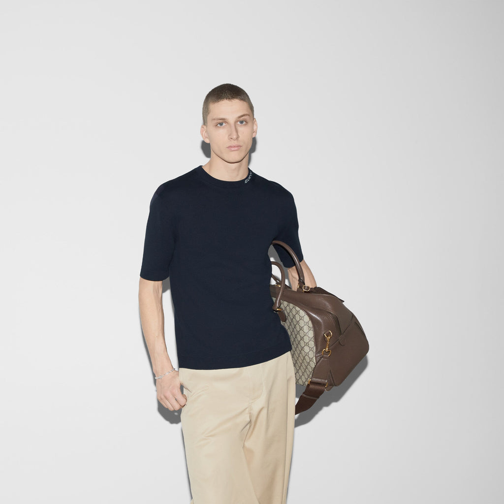 Silk cotton T-shirt with Gucci intarsia - navy