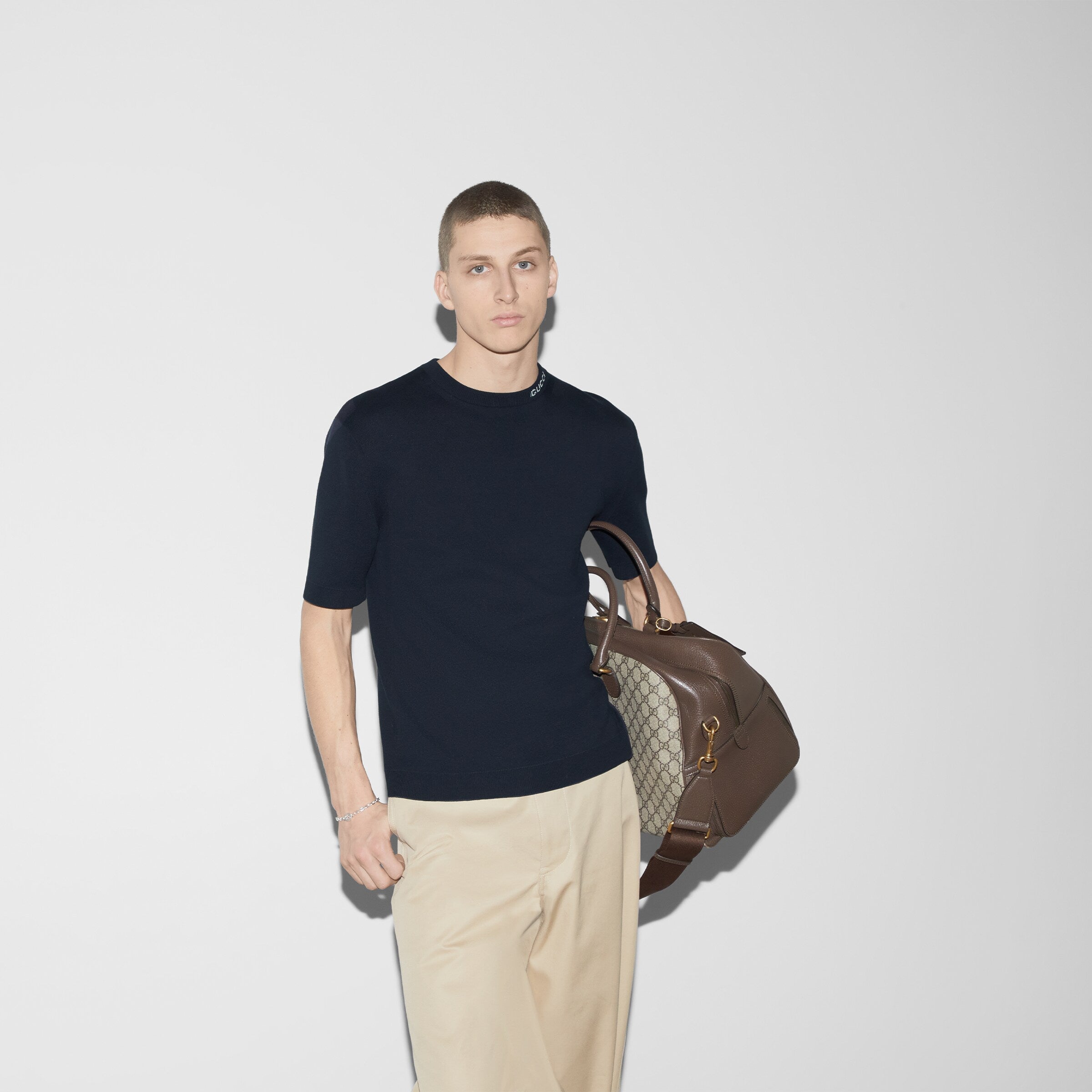 Silk cotton T-shirt with Gucci intarsia - navy