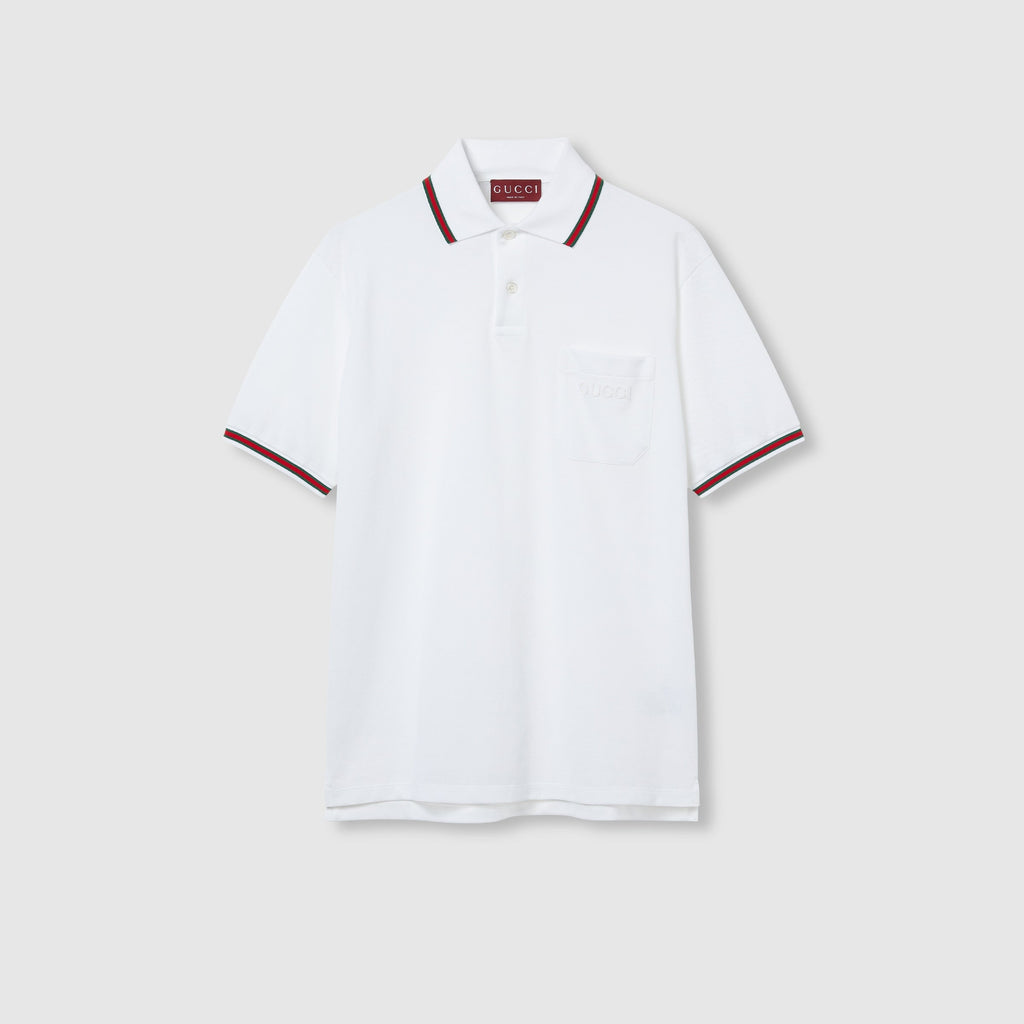 Cotton piquet polo shirt with Web - white