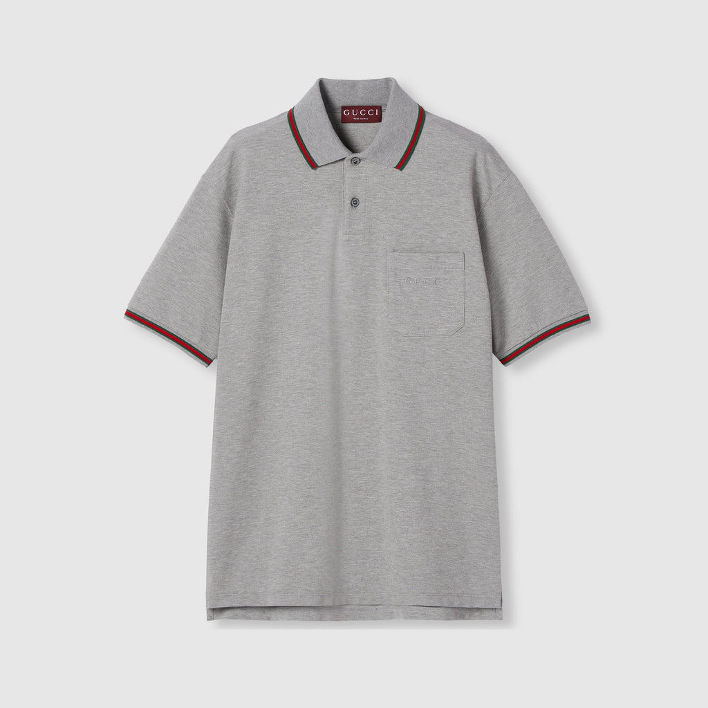 Cotton piquet polo shirt with embroidery - grey mélange