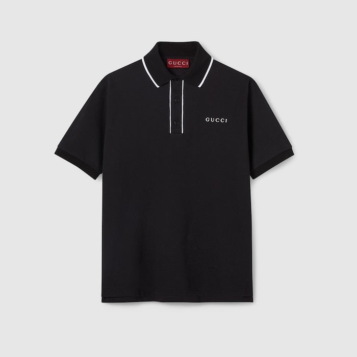 Cotton piquet polo shirt with embroidery - black