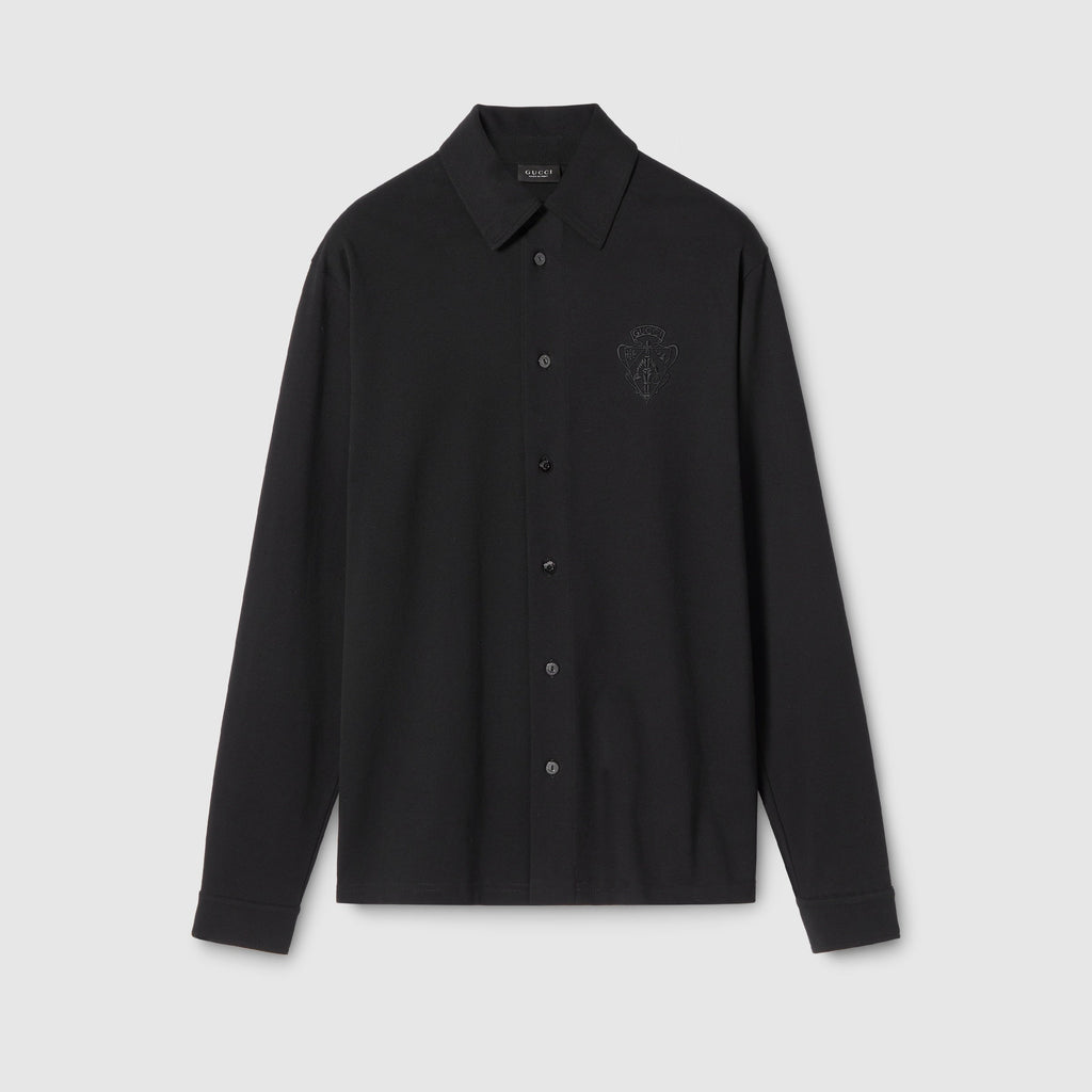 Cotton piquet shirt with embroidery - black