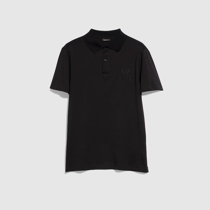Cotton jersey polo shirt with embroidery - black
