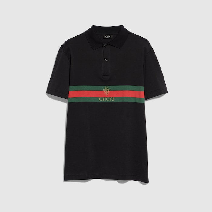 Cotton jersey polo shirt with print - black