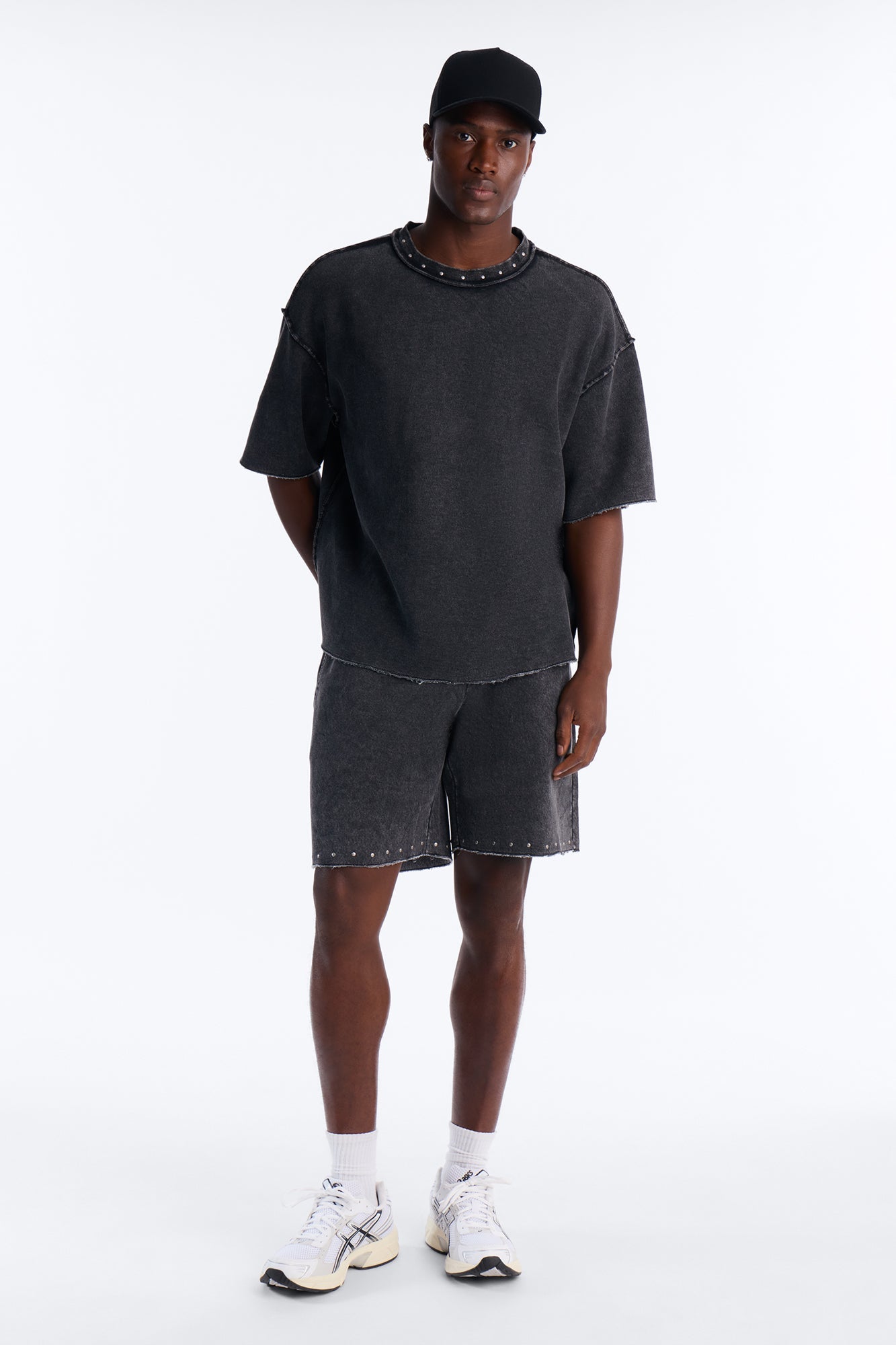 Oversized Punk Washed Raw Edge Studded Fleece Tee - Black - image 2