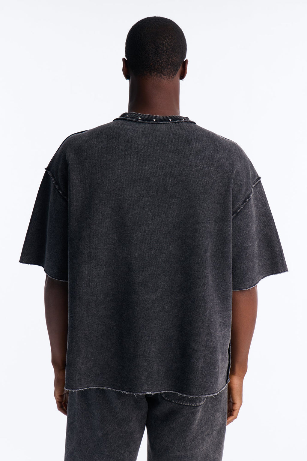 Oversized Punk Washed Raw Edge Studded Fleece Tee - Black - image 4