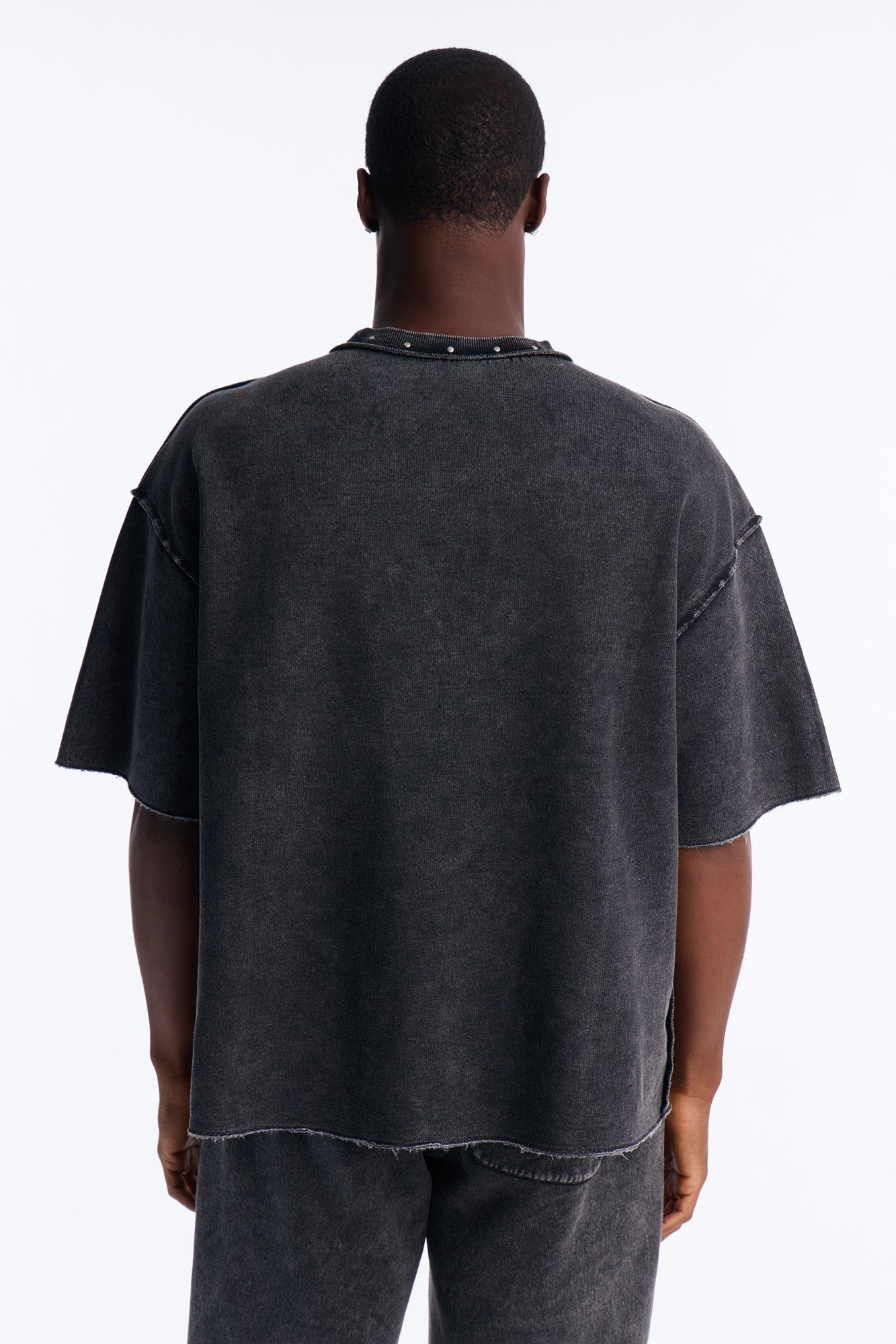 Oversized Punk Washed Raw Edge Studded Fleece Tee - Black - image 4