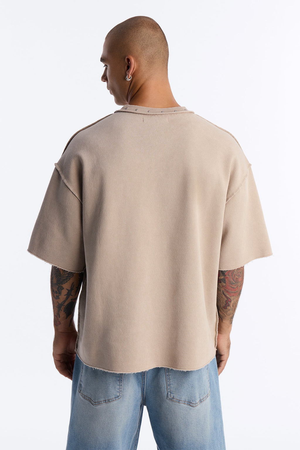 Oversized Punk Washed Raw Edge Studded Fleece Tee - Stone - image 4