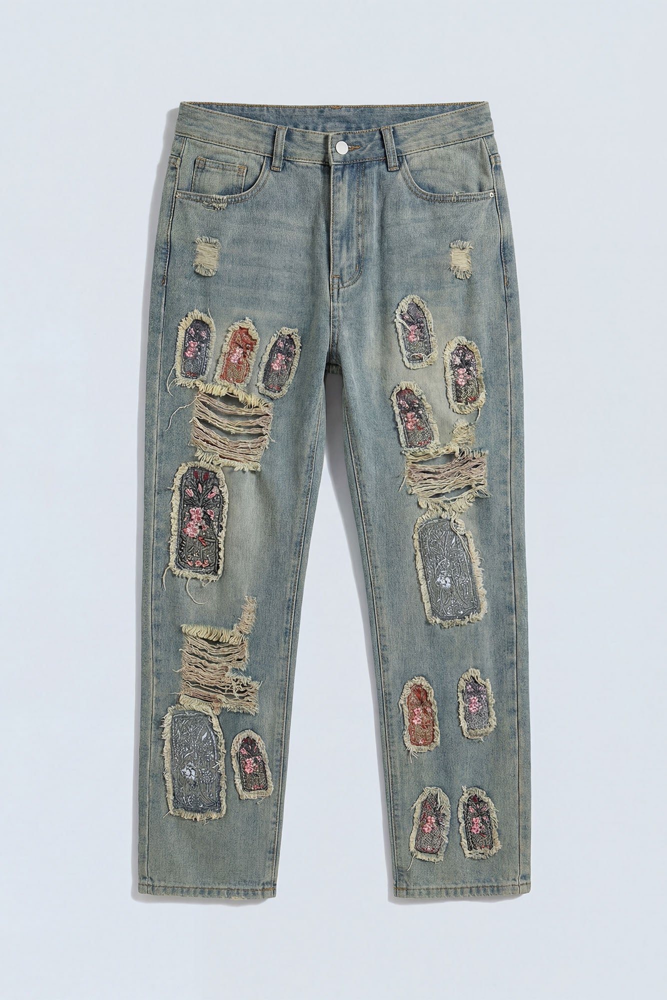 Relaxed Straight Holy Windows Patched Distressed Jean - Vintage Blue Wash - image 1